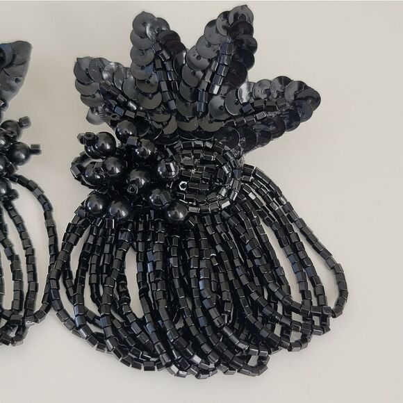 Vintage Earrings Handmade Black Floral Beaded Sequin Gatsby Earrings #452 - Picture 8 of 9